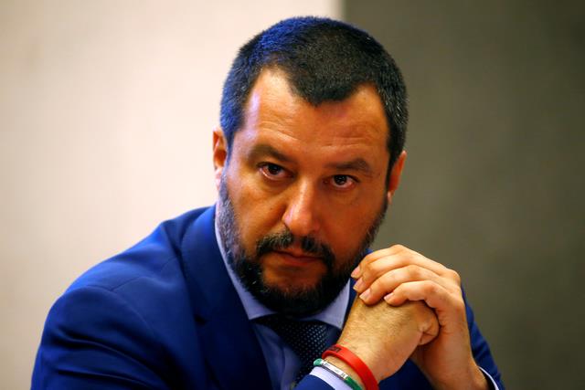 FILE PHOTO: Italys Interior Minister Matteo Salvini looks on during news conference