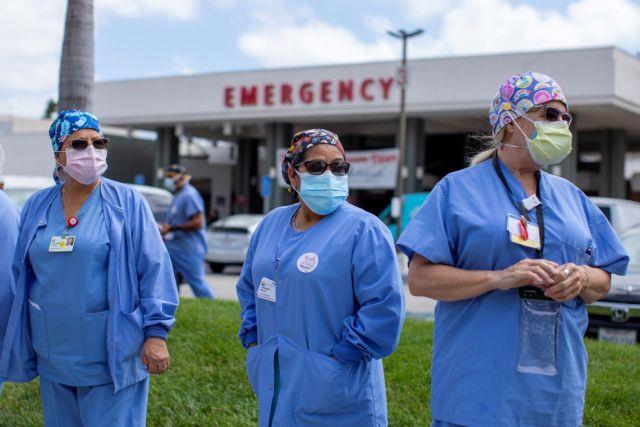 Healthcare workers protest outside their hospital during the outbreak of the coronavirus disease (COVID-19) in Fountain Valley, California