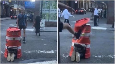 ΒΙΝΤΕΟ: Νεοϋορκέζος φαρσέρ που τρομάζει περαστικούς δέχθηκε κλοτσιά από θύμα του